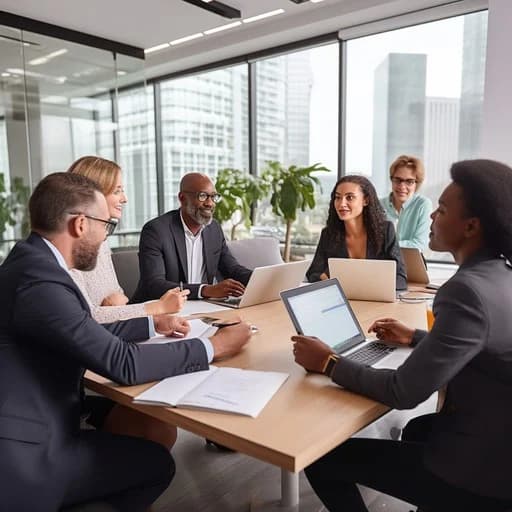 Marketing team meeting around a table in a modern office